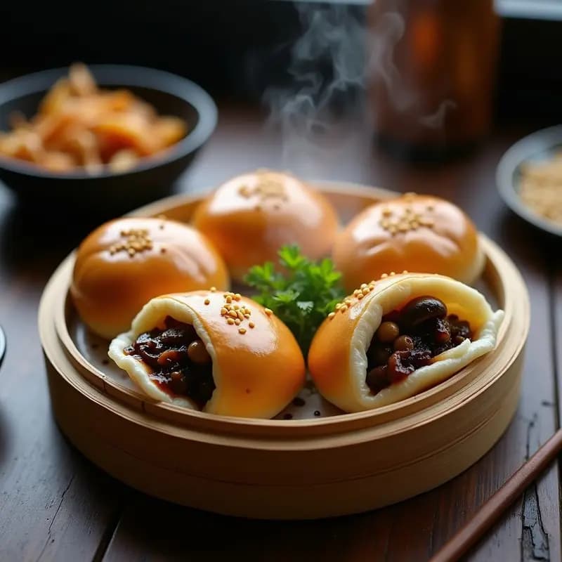 Bao Veganos al Vapor Rellenos de champiñones Portobello y Cebolla Caramelizada