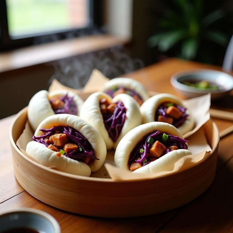 Bao Veganos al Vapor con Relleno de Tofu Teriyaki y Col Morada: Receta Japonesa en 30 Minutos