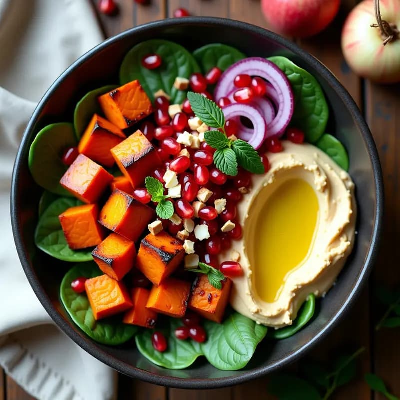 Batata Asada con Hummus y Granados: Bowl Árabe Vegano y Alta en Fibra