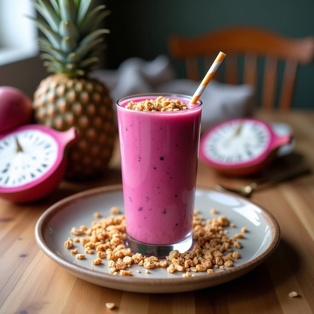 Batido de Pitaya Rosa y Leche de Almendras con Granola de Coco: Desayuno Vegano y Detox