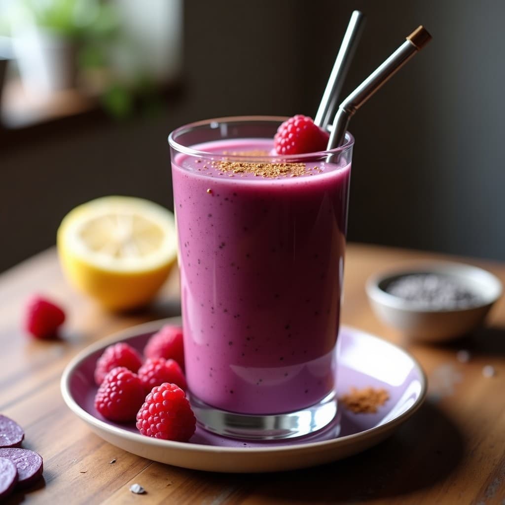 Batido de Yuca Morada y Frambuesas con Leche de Almendras: Bebida Peruana Antioxidante en 5 Minutos