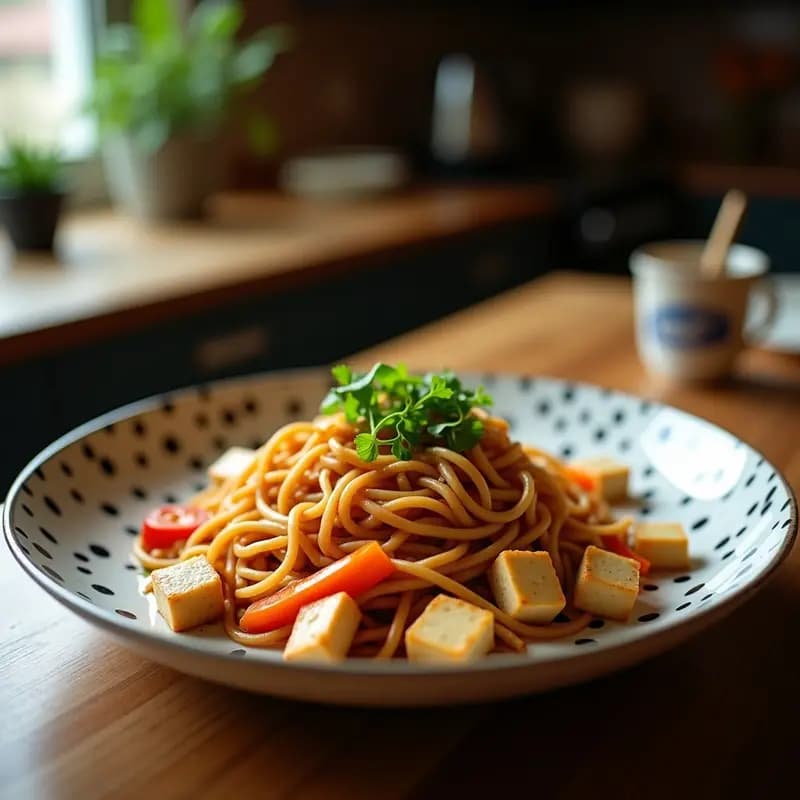 Bballi Bballi de Verduras y Tofu: Fideos Coreanos Salteados con Salsa de Sésamo