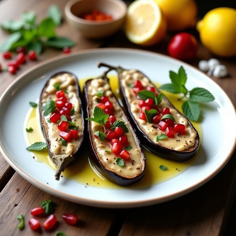 Berenjenas Asadas con Tahini y Granados: Entrante Árabe Vegano y Sin Cocción