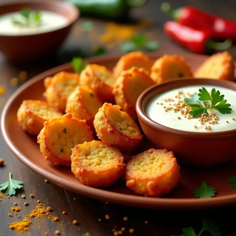 Bhaji de Cebolla y Pimientos: Receta India de Pakoras Crujientes en Airfryer con Yogur de Soja