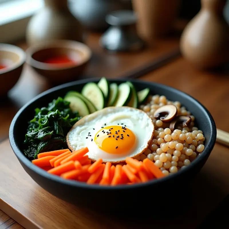 Bibimbap de Arroz Integral con Vegetales y Huevo: Receta Coreana Equilibrada y Colorida
