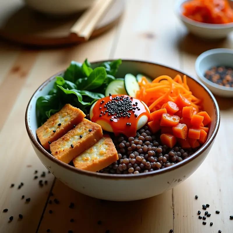 Bibimbap Coreano con Kimchi Vegano y Semillas de Sésamo: Receta en Bowl Sin Gluten