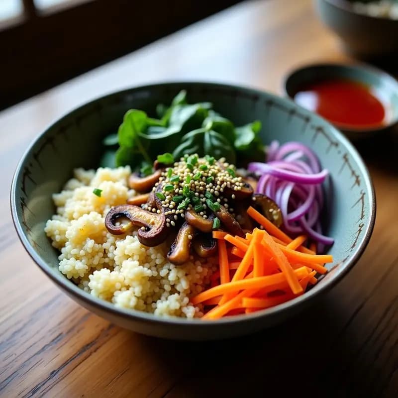 Bibimbap Coreano de Quinoa y Hongos: Versión Vegana y Sin Gluten en Bowl