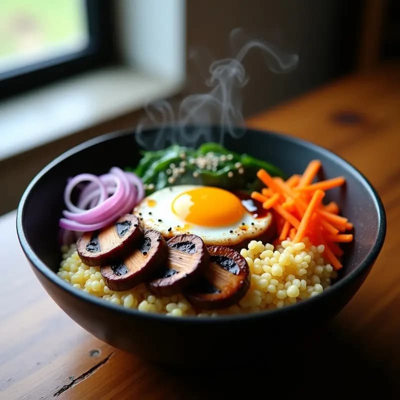 Bibimbap de Quinoa con Champiñones Portobello y Huevo Poché: Receta Coreana Keto