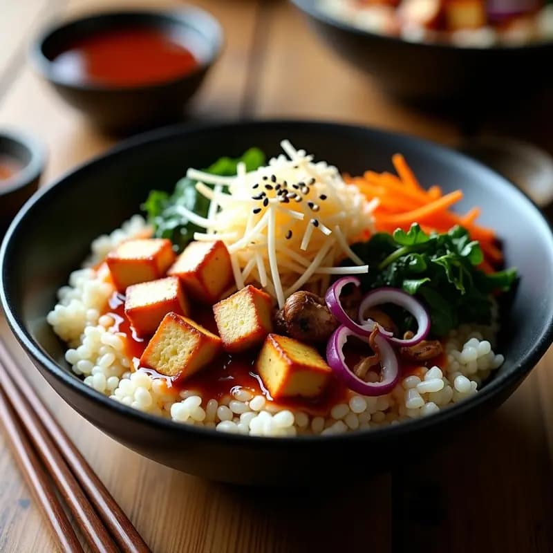 Bibimbap Coreano con Tofu y Vegetales Encurtidos: Receta en Olla Rápida con Gochujang