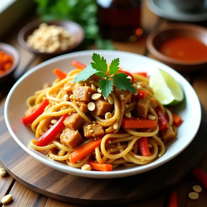 Bihun Goreng de Verduras y Tempeh: Fideos Indonecios Veganos con Salsa de Cacahuete picante