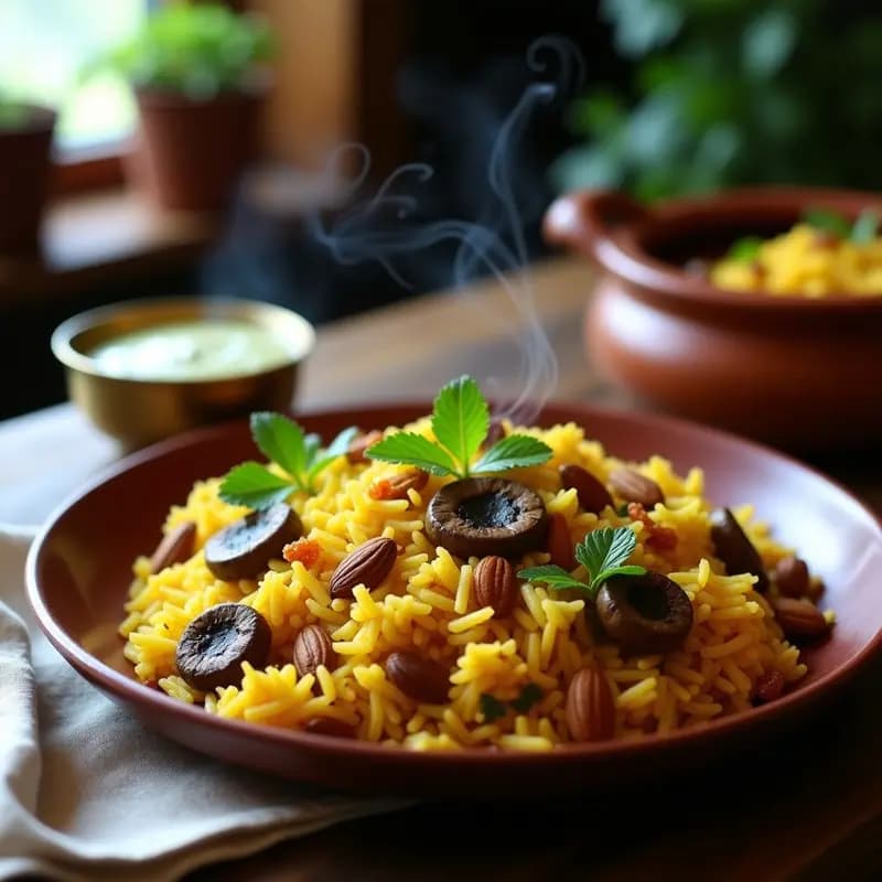Biryani de Champiñones Portobello y Azafrán: Receta India Vegana con Especias Auténticas