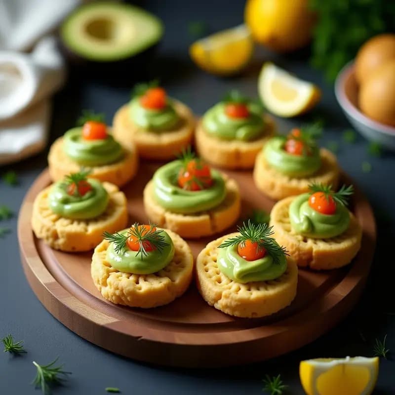 Blinis de Garbanzo con Crema de Aguacate y Huevas de Trucha: Aperitivo Ruso Keto