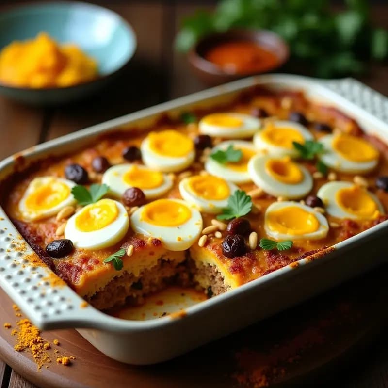 Bobotie Sudafricana con Carne Picada y Huevo: Pastel Especiado al Horno con Toque Dulce