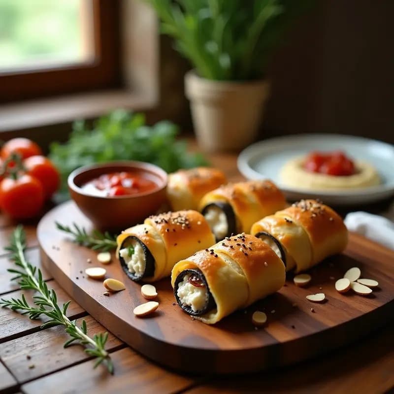 Boplastaki: Rollitos Griegos de Berenjena y Queso Feta con Salsa de Tomate Seco