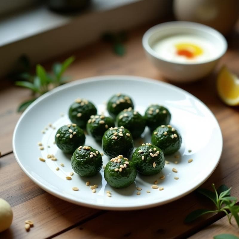 Bolitas de Espirulina y Semillas de Girasol con Dip de Yogur de Soja: Aperitivo Energético Crudivegano