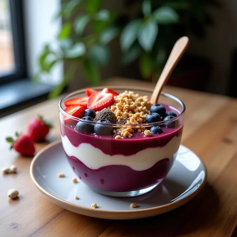 Bowl de Acai con Granola de Semillas de Calabaza y Polvo de Maca: Desayuno Energético en Capas