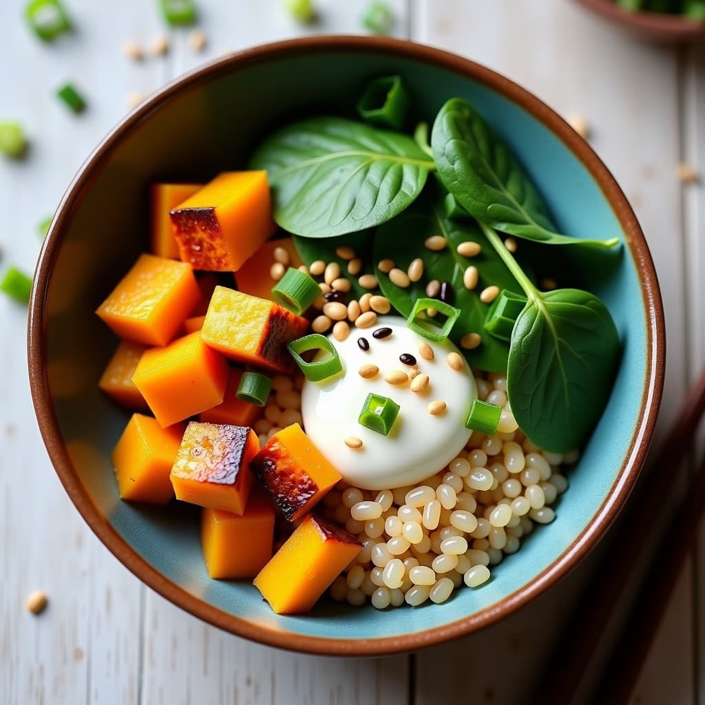 Bowl de Amaranto con Calabaza Kabocha y Aderezo de Miso Blanco: Desayuno Japonés Alto en Proteína