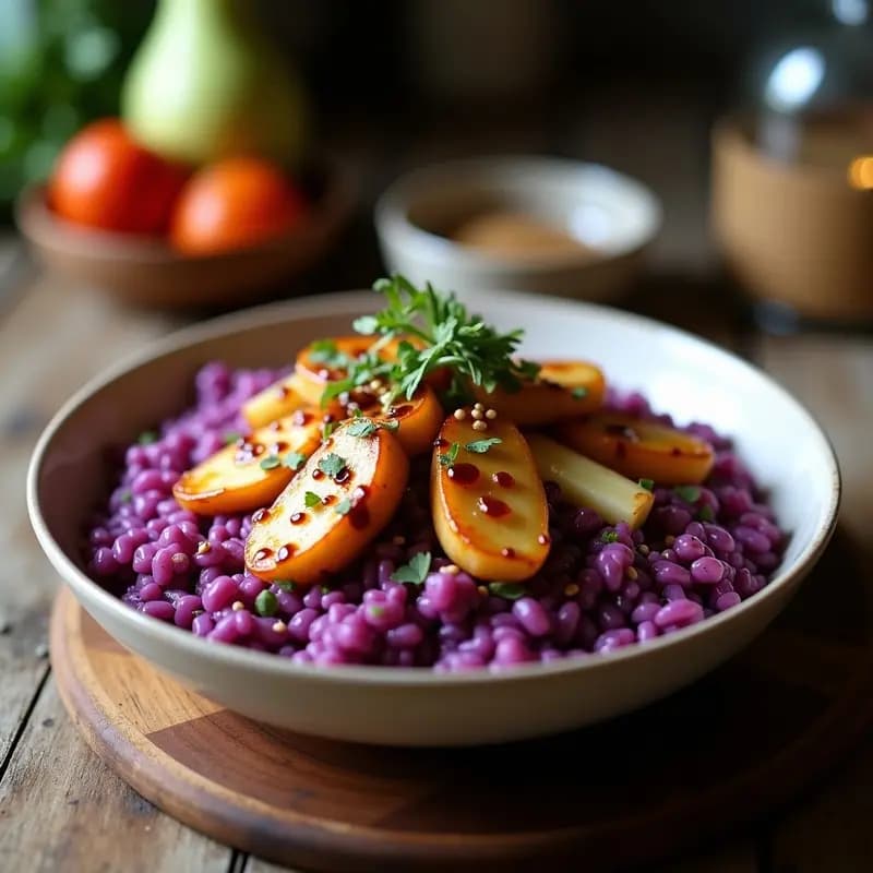 Bowl de Arroz Púrpura con Pollo Teriyaki y Vegetales en Espiral: Receta Japón-Perú Fusion