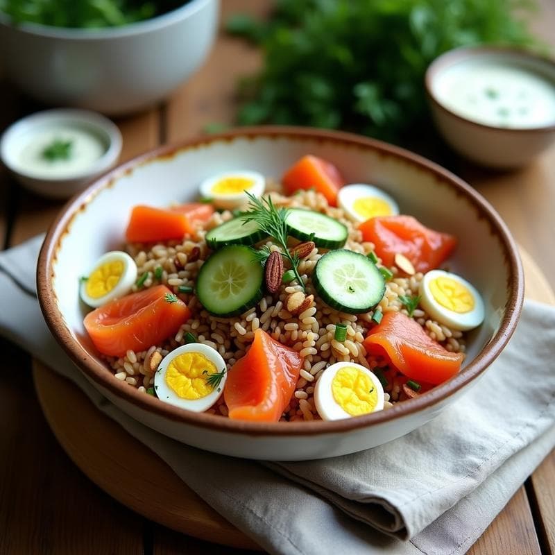 Bowl de Arroz Salvaje con Salmón Ahumado y Salsa de Eneldo: Receta Escandinava en 20 Minutos