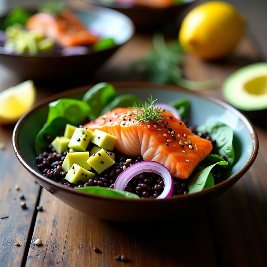 Bowl de Arroz Salvaje con Salmón al Limón y Aguacate: Receta Alta en Omega-3 y Sin Lactosa