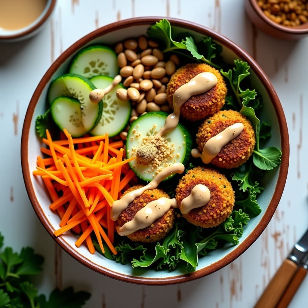 Bowl de Buddha con Falafel de Lentejas, Col Rizada y Tahini: Receta Vegana Sin Gluten