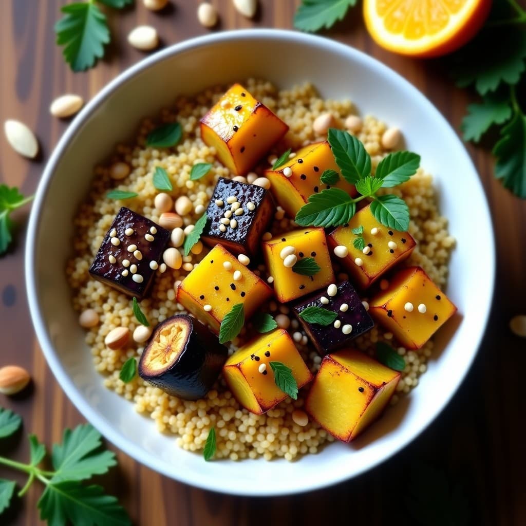 Bowl de Bulgur con Berenjena Asada y Aderezo de Granadilla: Receta Turca Vegana
