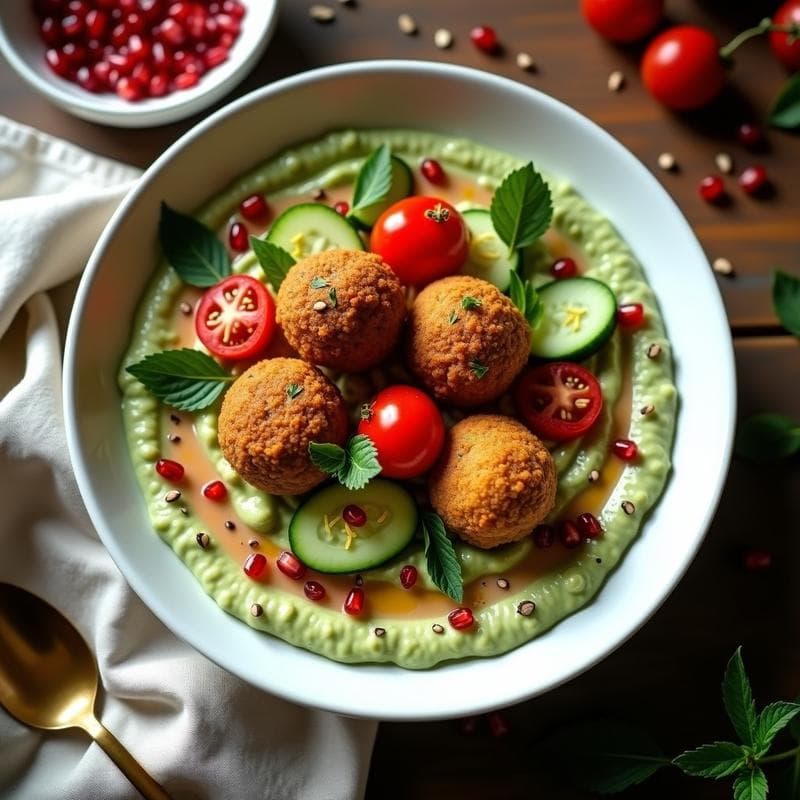 Bowl de Falafel Dorado con Puré de Habas y Tahini: Receta Palestina Vegana