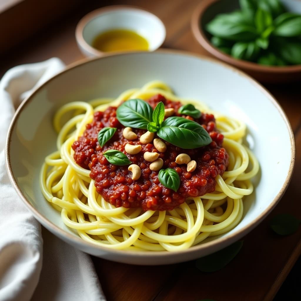 Bowl de Fideos de Calabacín con Bolonhesa de Lentejas y Albahaca: Receta Italiana Vegana y Sin Gluten