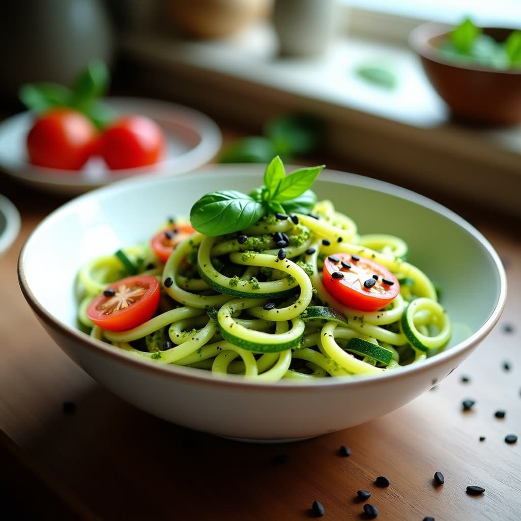 Bowl de Fideos de Calabacín con Pesto de Espinacas y Piñones: Receta Low Carb