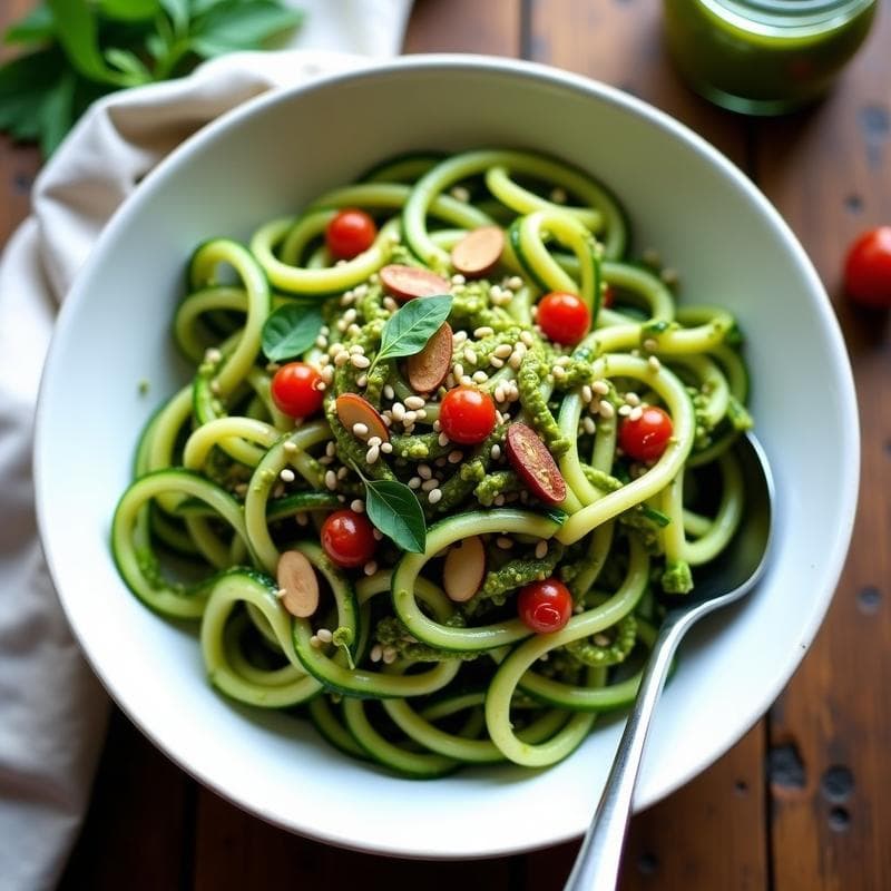 Bowl de Fideos de Calabacín con Pesto de Espirulina y Tomates Secos: Receta Crudivegana y Detox