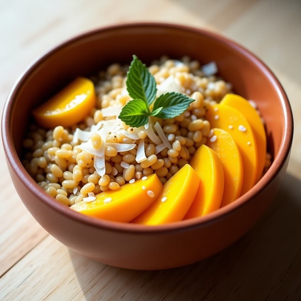 Bowl de Fonio y Mango con Aderezo de Ricino y Miel de Agave: Desayuno Africano Sin Gluten