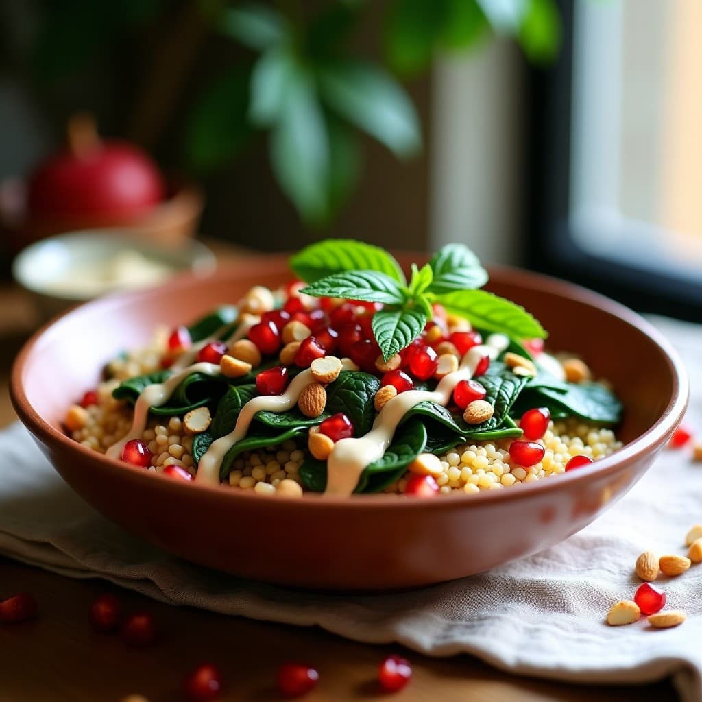 Bowl de Freekah con Granadas y Tahini de Limón: Receta Palestina Alta en Fibra en 20 Minutos