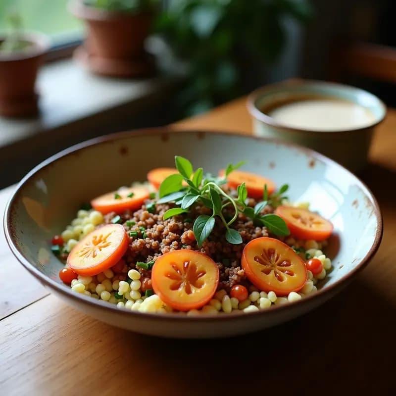 Bowl de Freekah con Remolacha Asada y Tahini de Ajo Moro: Desayuno Marroquí Alto en Fibra