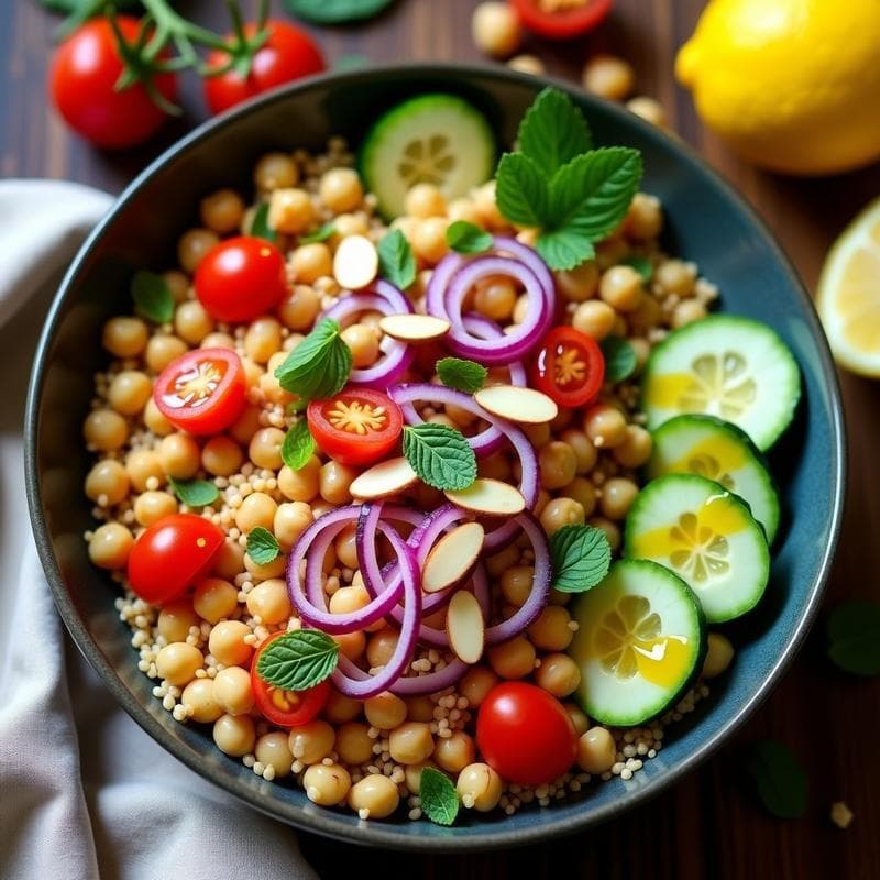 Bowl de Freekeh con Garbanzos Tostados y Aderezo de Limón y Comino: Desayuno Egipcio Vegano
