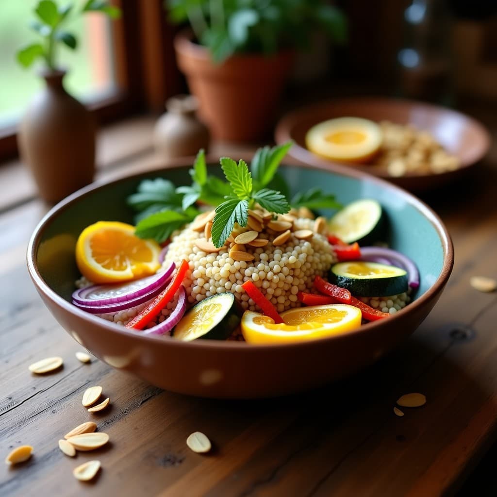 Bowl de Freekeh con Granadilla y Aderezo de Tahini: Receta Libanesa Vegana para Tupper