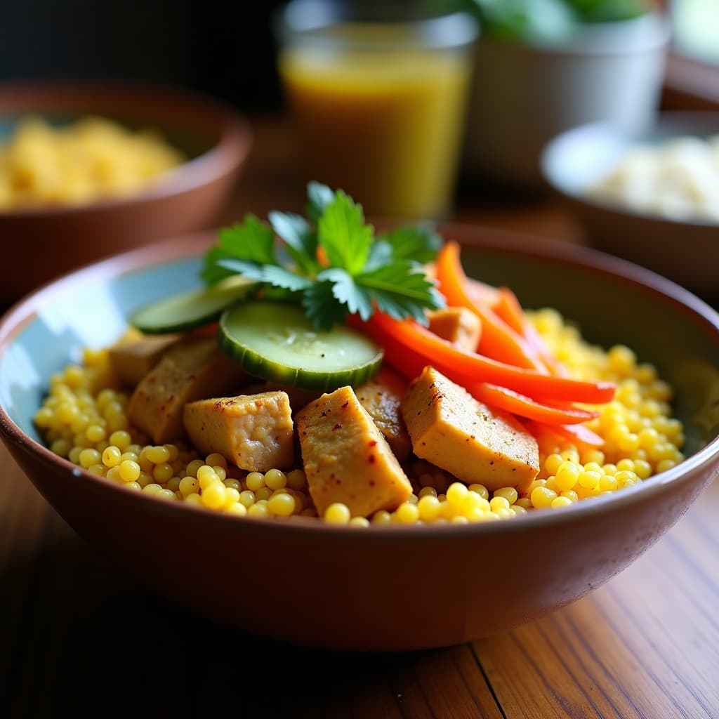 Bowl de Mijo con Pollo al Curry y Pepino Encurtido: Receta Africana Alta en Hierro