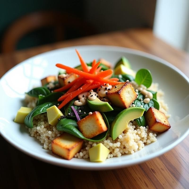 Bowl de Quinoa con Espinacas y Tofu: Receta Vegana con Umami Profundo en 25 Minutos
