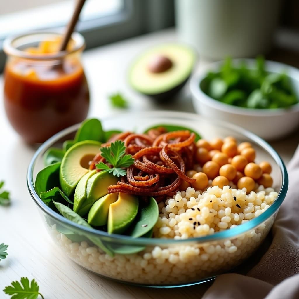 Bowl de Quinoa y Garbanzos con Salsa de Tamarindo y Crujiente de Cebolla: Receta Vegana para Tupper