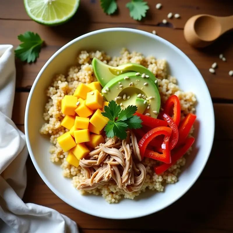 Bowl de Quinoa con Pollo de Jackfruit y Aderezo de Mango: Receta Vegana Hawaiana