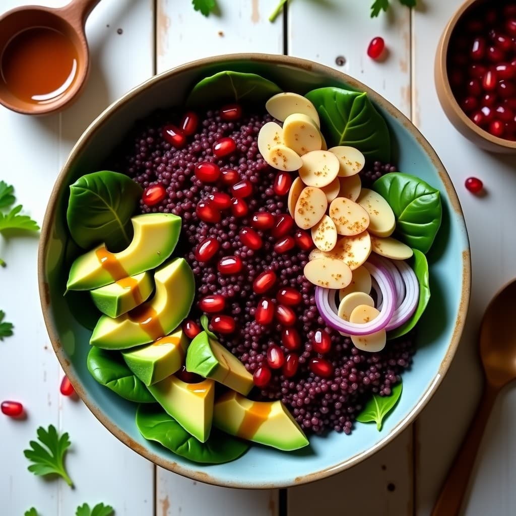 Bowl de Quinoa Morada y Granada con Aderezo de Vinagre de Dátiles: Receta Antiinflamatoria