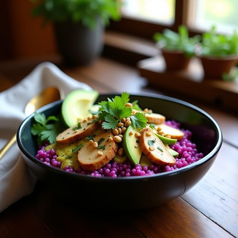 Bowl de Quinoa Morada con Pollo al Curry Verde: Receta Peruana Alta en Proteína