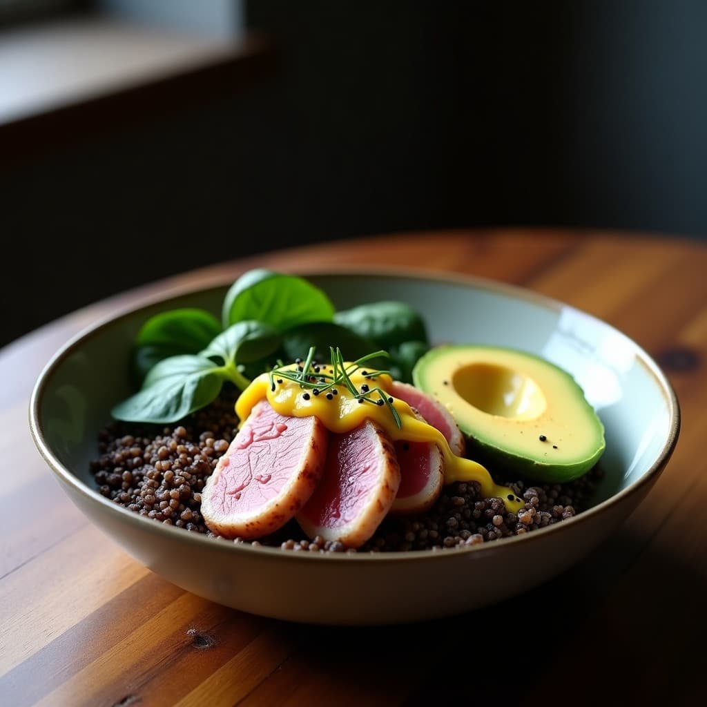 Bowl de Quinoa Negra con Lomo de Atún Sellado y Salsa de Maracuyá: Receta Gourmet en 20 Minutos