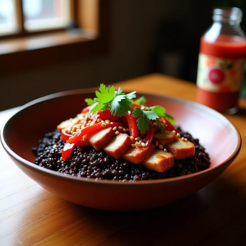 Bowl de Quinoa Negra con Lomo de Cerdo Adobado y Salsa de Guayaba: Receta Peruana Alta en Proteína y Sin Gluten