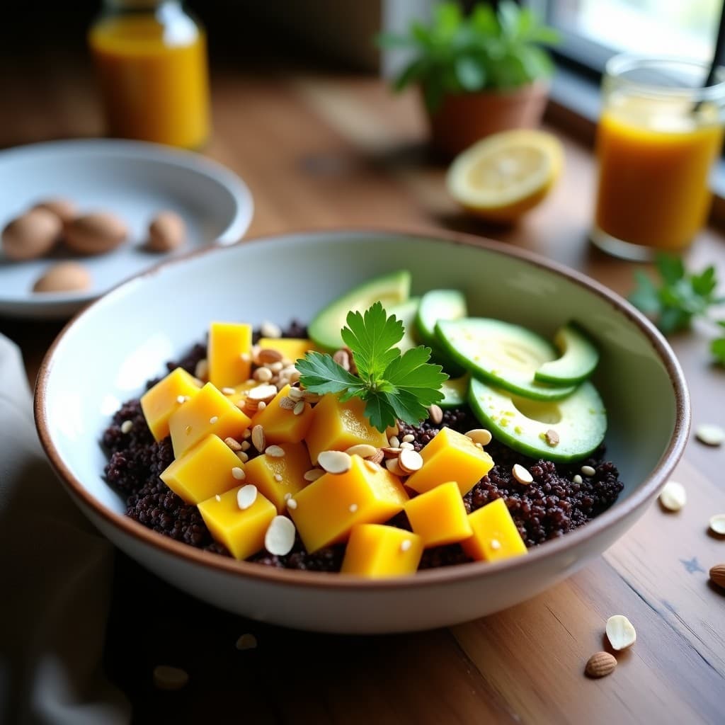 Bowl de Quinoa Negra con Mango y Pepino: Desayuno Vegano Sin Gluten para Llevar
