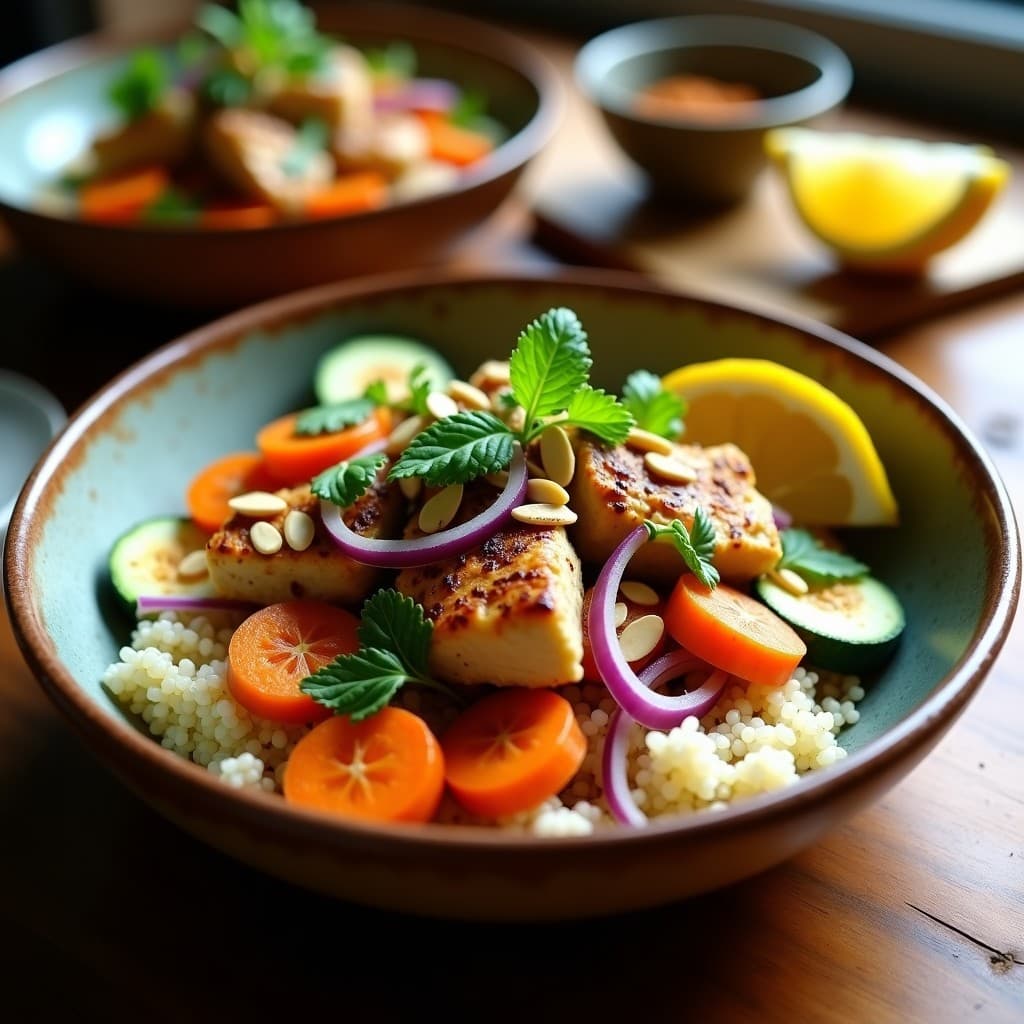 Bowl de Quinoa con Pollo Marinado en Yogur y Especias Marroquíes: Receta en Olla Lenta