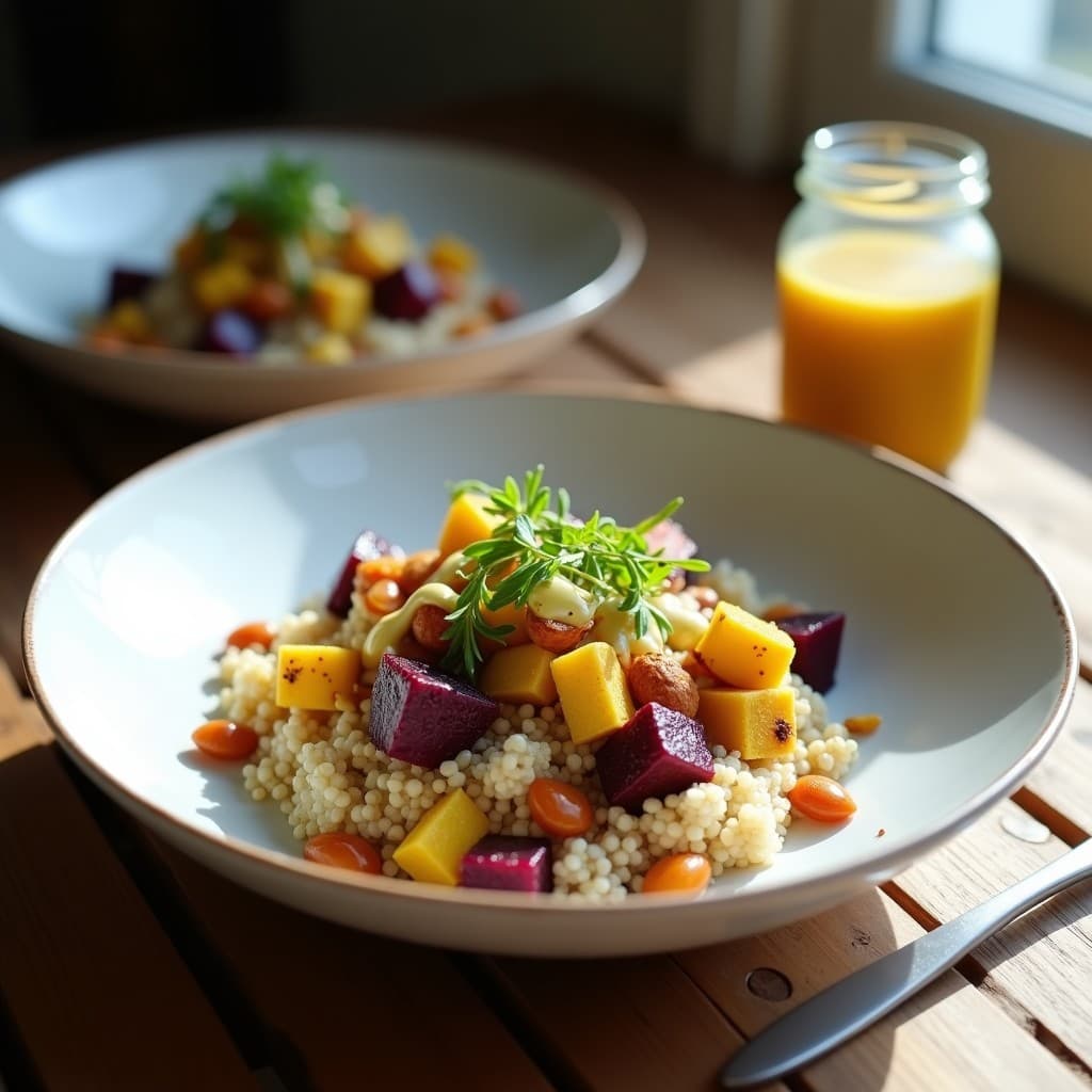 Bowl de Quinoa con Remolacha Asada y Vinagreta de Mostaza de Dijon: Desayuno Francés Alta en Nutrientes