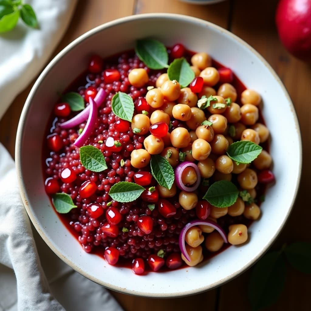 Boul de Quinoa Roja con Garbanzos Asados y Vinagreta de Granado: Receta Iraní Vegana en 15 Minutos