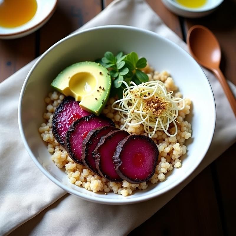 Bowl de Quinoa con Tataki de Remolacha y Alioli de Ajo Negro: Receta Vegana y Gourmet
