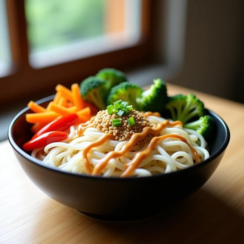 Bowl de Shirataki con Salsa de Cacahuete y Vegetales al Vapor: Receta Japonesa Vegana y Baja en Calorías