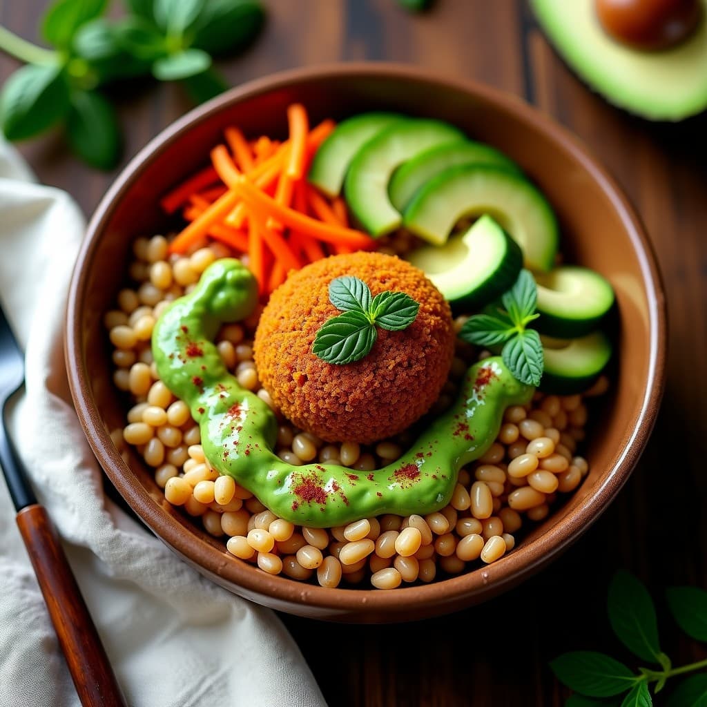 Bowl de Teff con Falafel de Habas y Salsa de Tahini Verde: Receta Etiopíe Vegana